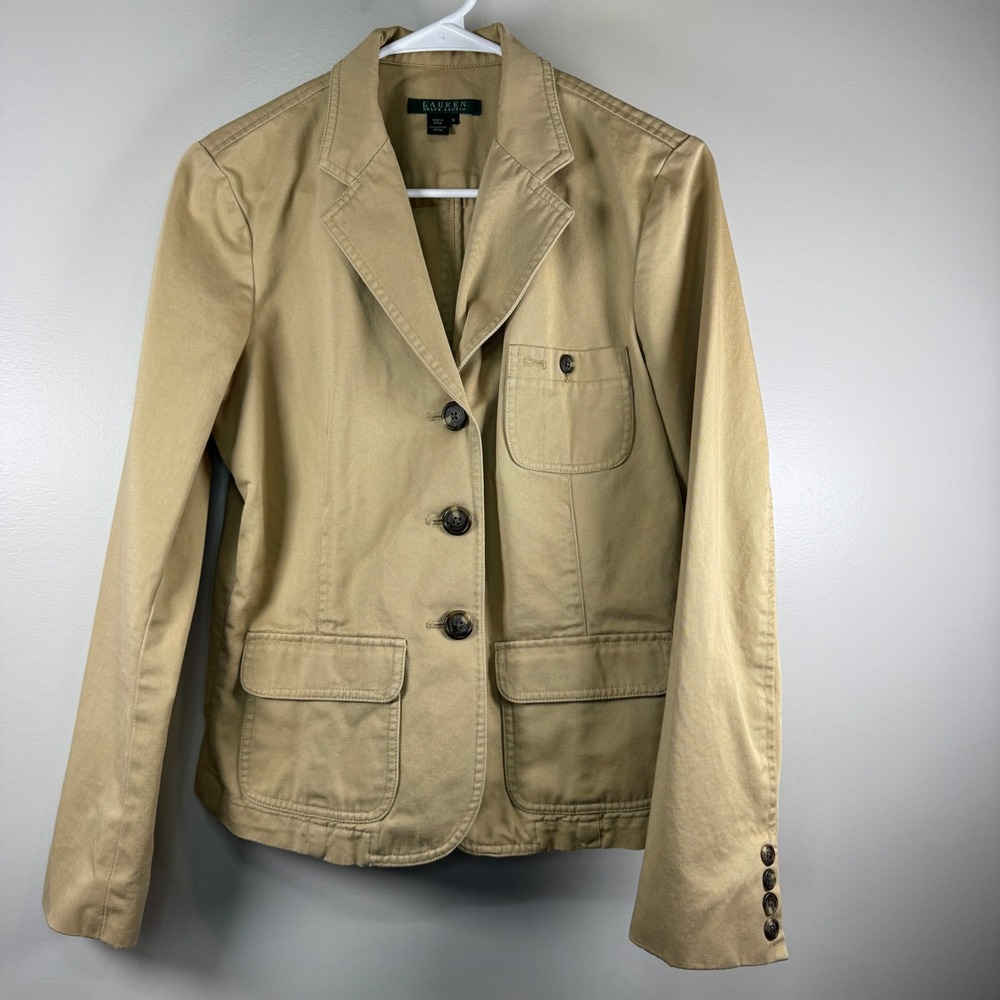 Lauren Ralph Lauren Tan Cotton Twill Blazer Med Old Money Preppy‎ Khaki Jacket